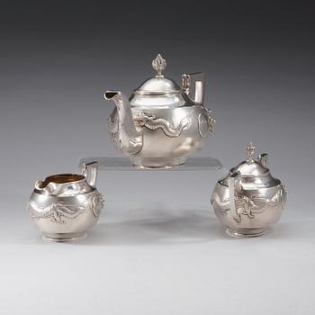 A Chinese three-piece silver tea set, unidentified master, early 20th Century.