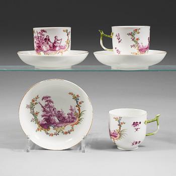 1350. Four Meissen cups with saucers, 18th Century.