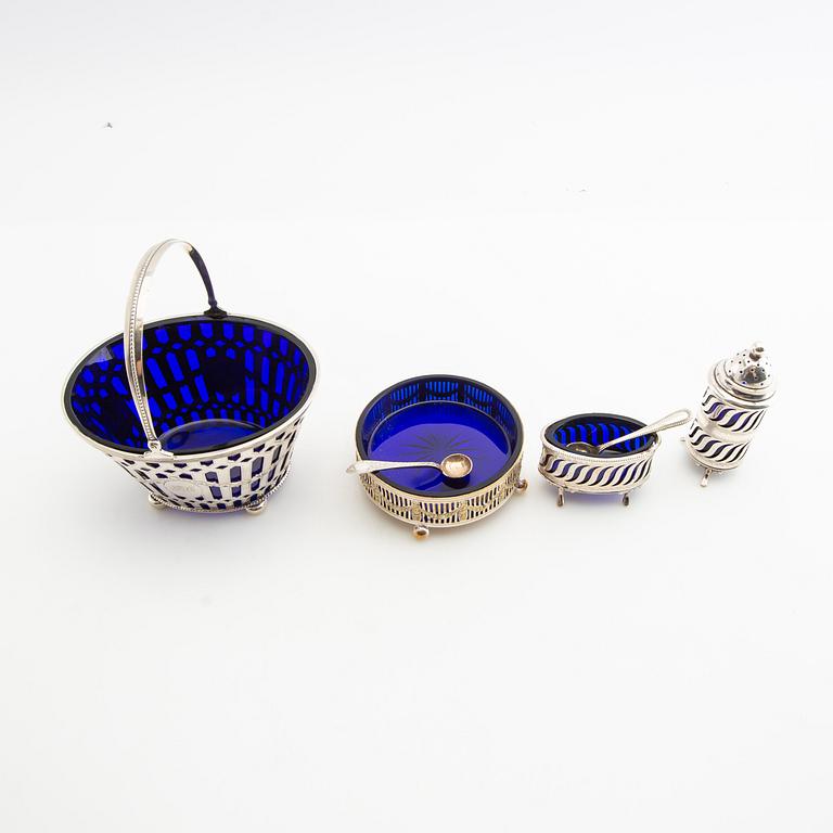 Bowl, salt cellar, spice container, and shaker silver Denmark early 20th century.
