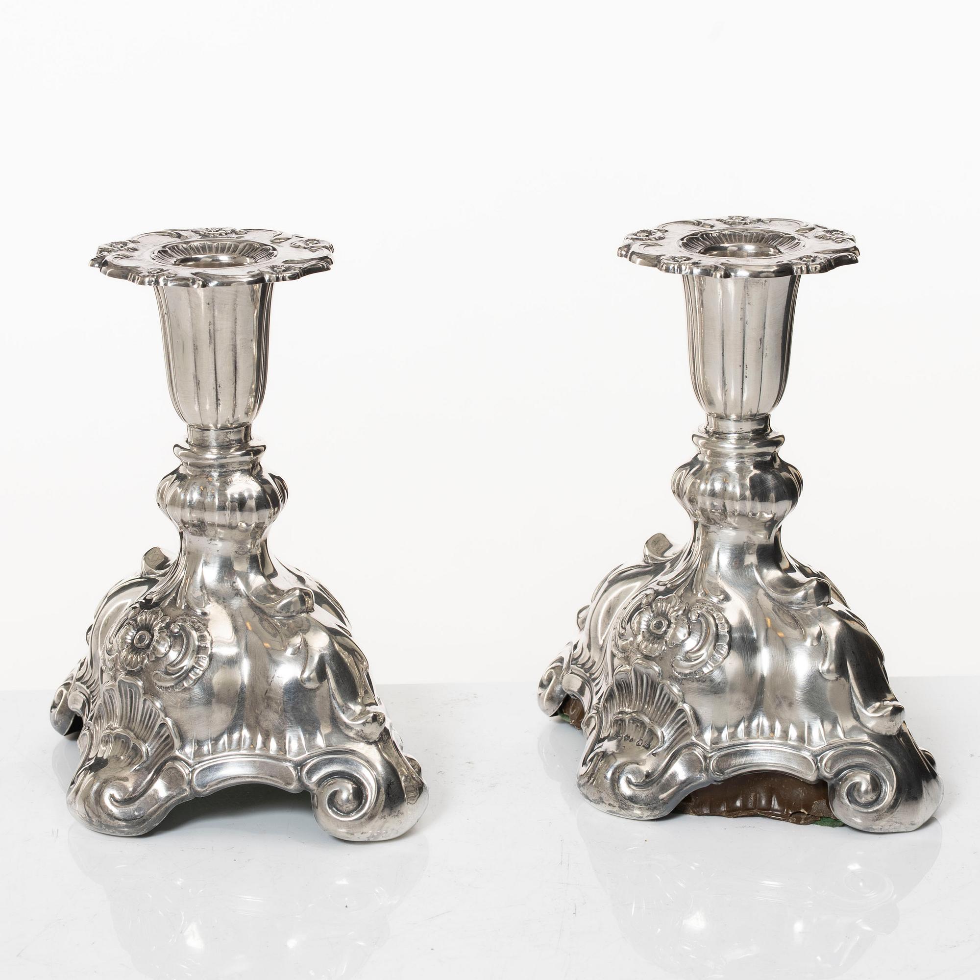 C.G. Hallberg, Candelsticks, a pair, silver, Baroque style, Stockholm 1943.