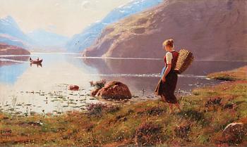 195. Hans Dahl, Fjordlandskap med vandrande flicka.