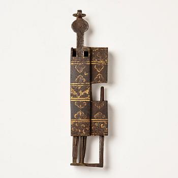 Kistlås, Tibet, sent 1700/tidigt 1800. Med inskription på både nyckel och lås.