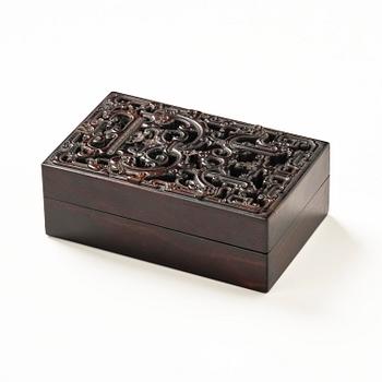 A well carved box with cover and brush pot, China, presumably Republic.