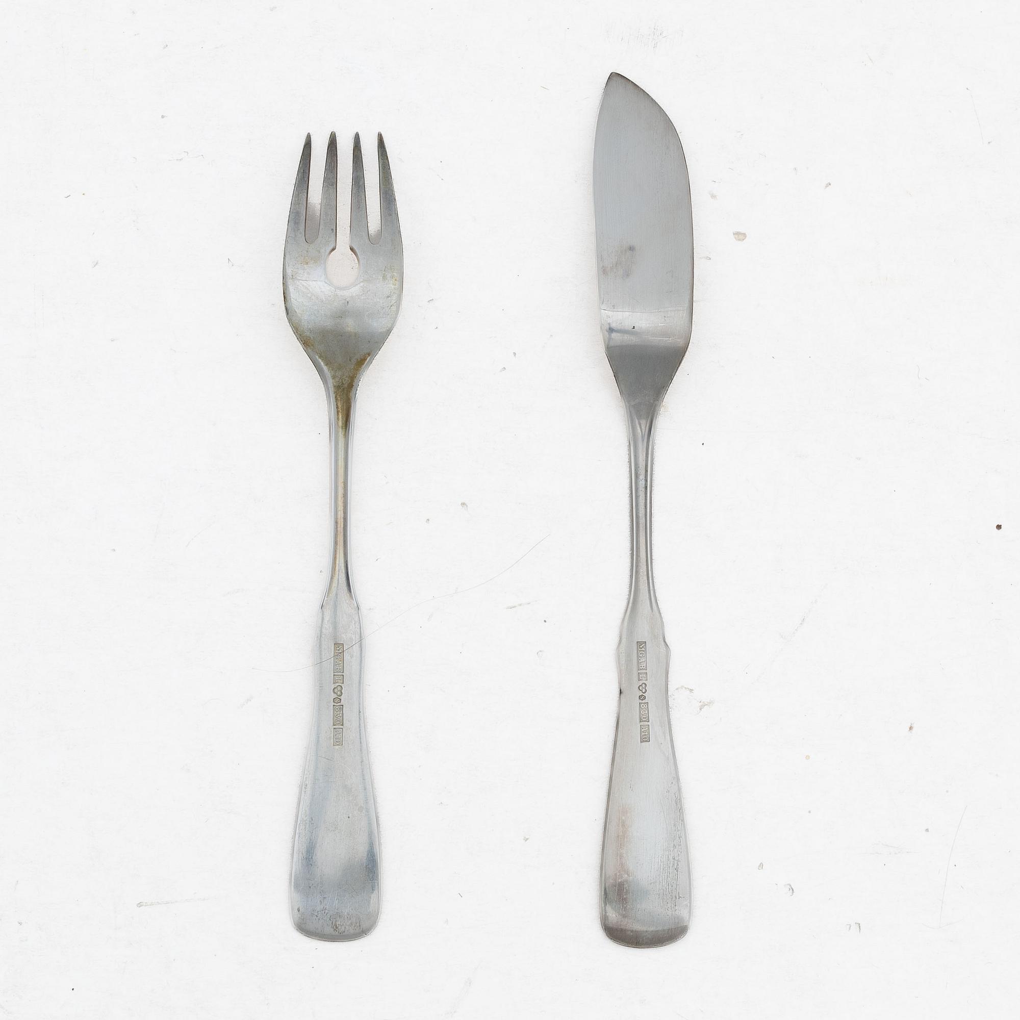 Eric Löfman, Fish cutlery, 24 pieces, silver, "Uppsala" pattern, KG Markströms Guldsmeds Ab, Lidköping, 1975.