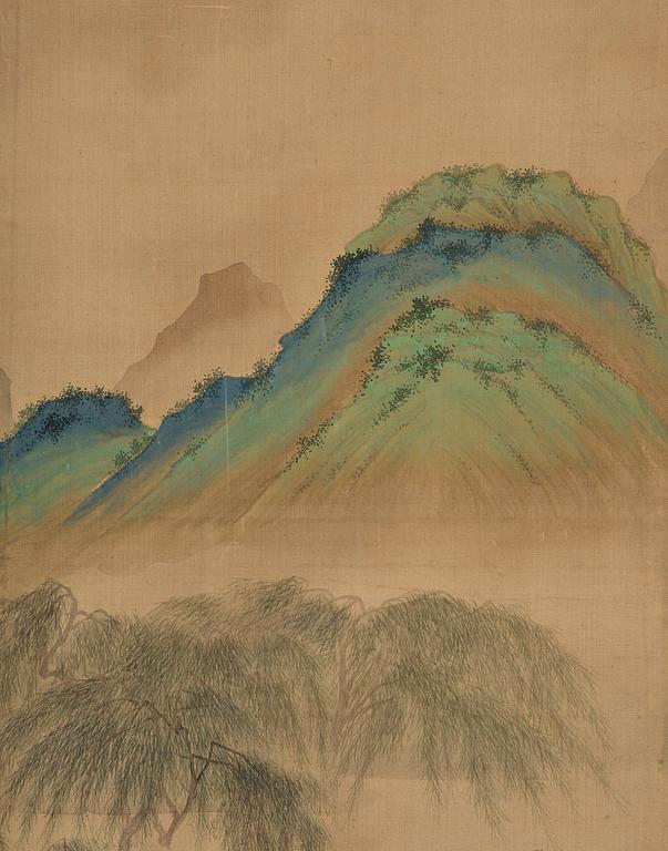 A Chinese scroll painting, ink and colour on silk, late Qing dynasty after Qiu Ying.
