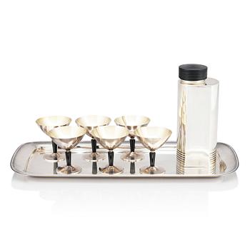 210. Folke Arström, an 8 pcs alpacca/ silver plated cocktail set, Guldsmedsaktiebolaget (GAB), Stockholm 1930s-50s.