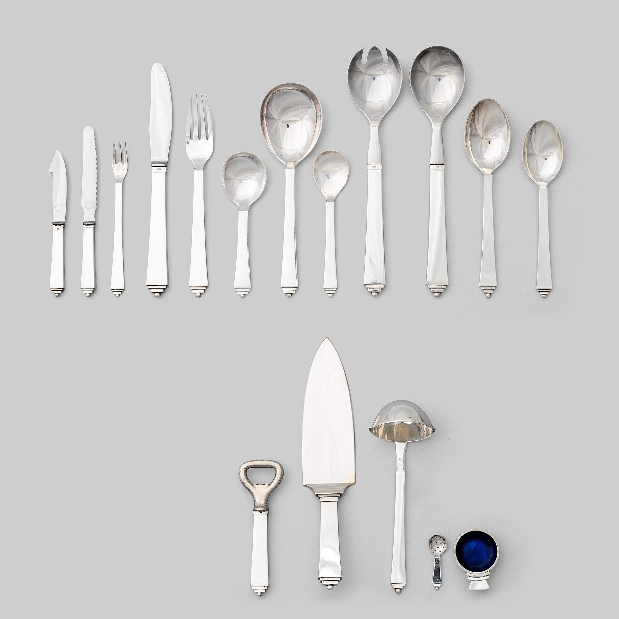 Harald Nielsen, bestickuppsättning, 61 delar "Pyramid", Georg Jensen, Köpenhamn, ca 1927-1977, 830/1000, sterling och rostfritt stål.