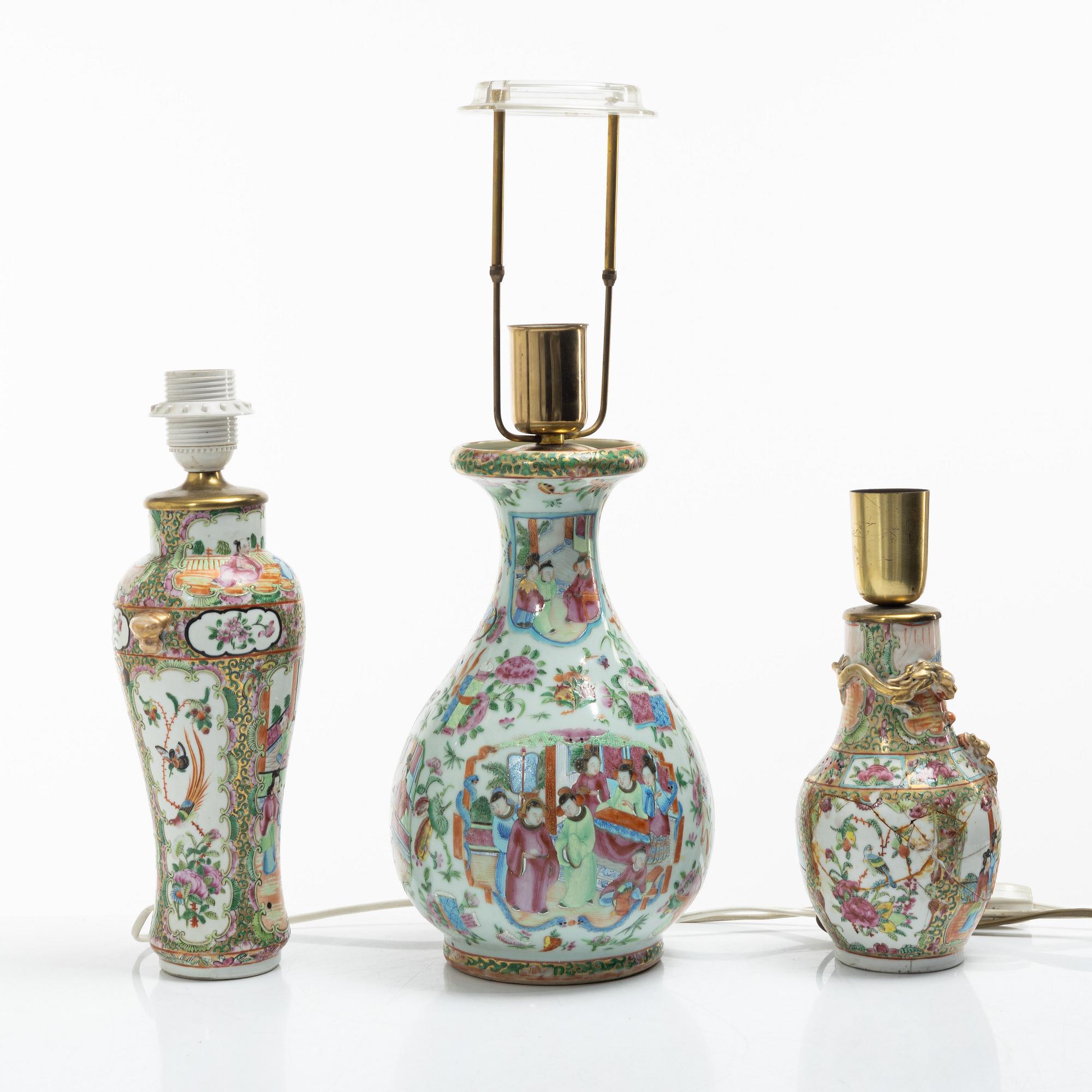 Bordslampor, 3 st, porslin, Kanton, Kina, Qingdynastin, 1800-tal.
