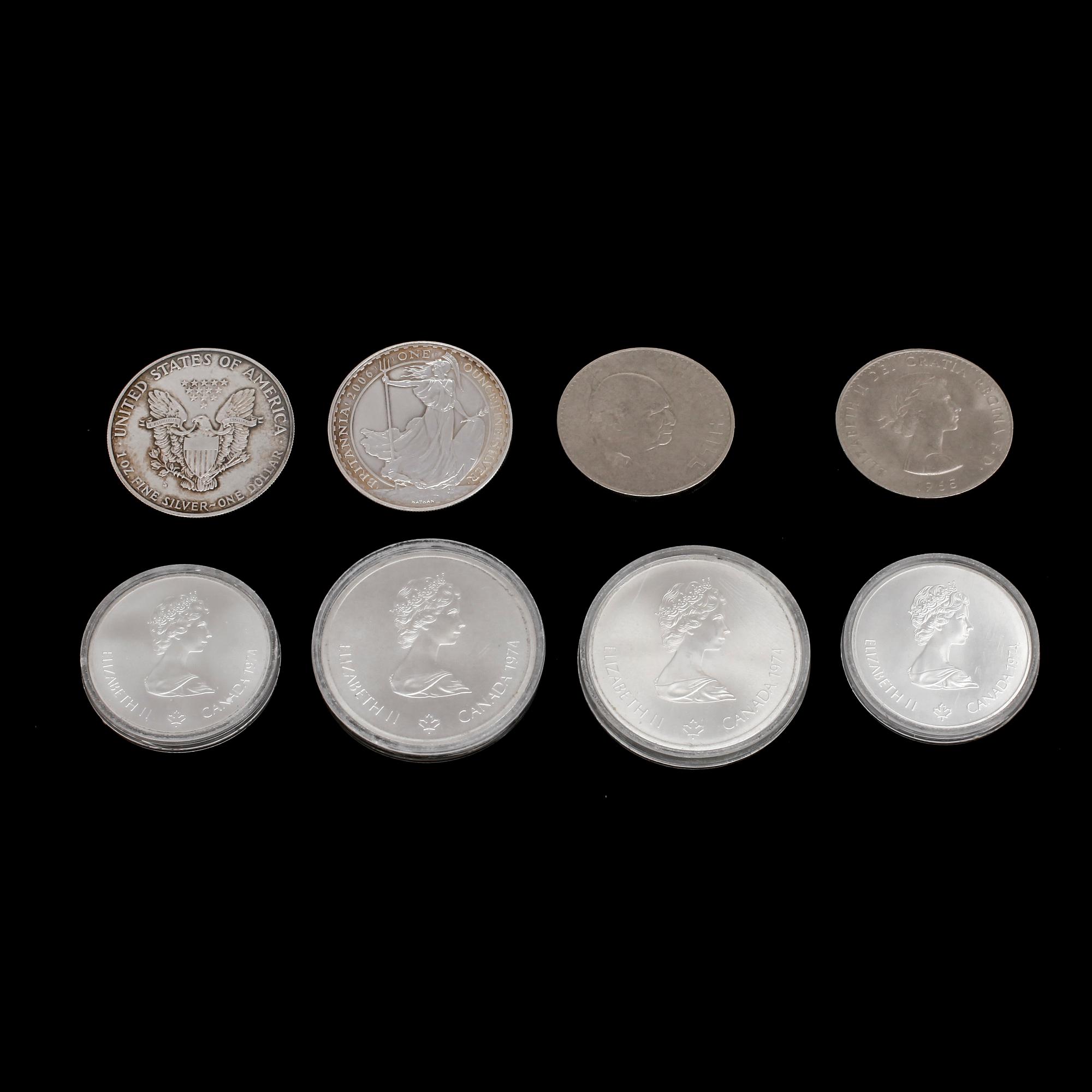 PARTI SILVERMYNT, 6 st, England, USA och Kanada, vikt ca 220 gr. Exklusive 2 mynt präglade i kopparnickel som medföljer.