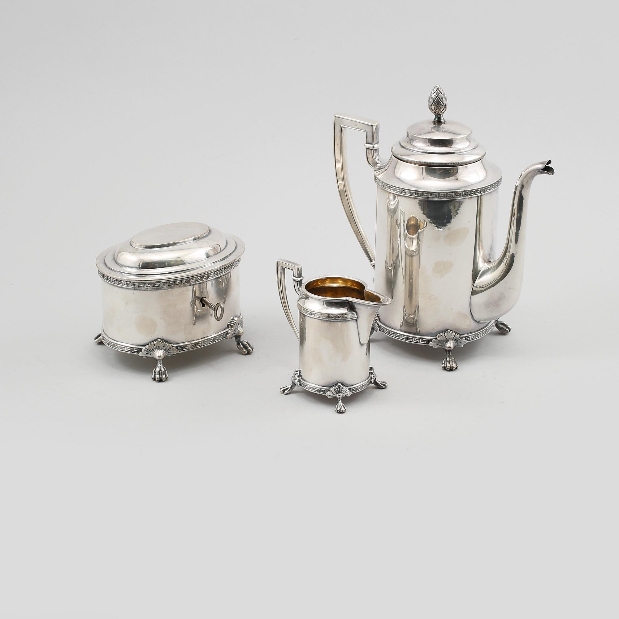 KAFFESERVIS, 3 delar, nysilver, empirestil, 1900-tal.