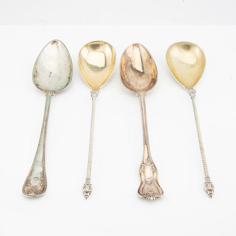 A collection of serving cutlery, 21 pieces, silver, 18th/19th/20th century, various manufacturers weight appr 1397 grams.