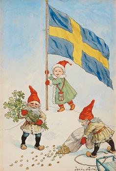673. Jenny Nyström, Tomtar och barn med lyckoklöver, pengasäck och flagga.