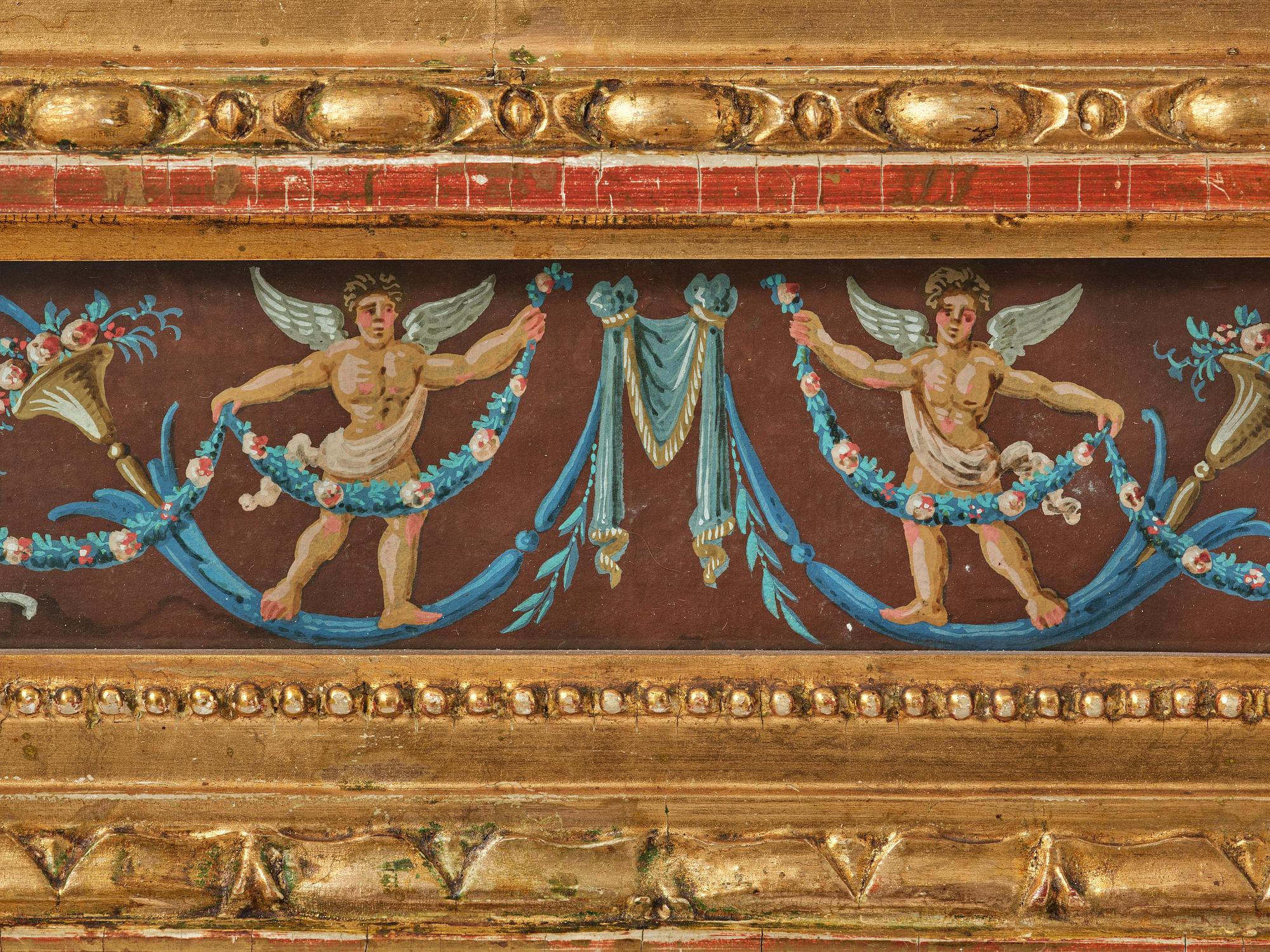 A pair of late Gustavian giltwood and gouache-inset mirrors, Stockholm, late 18th century.