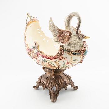 Jardinière/bowl on foot Neo-Rococo early 20th century majolica and metal.