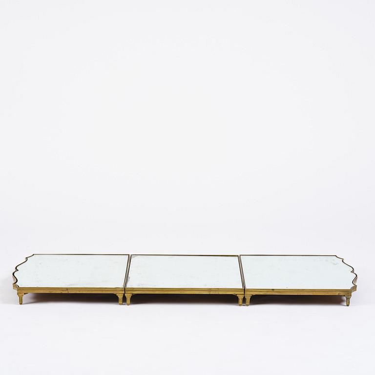 A Gustavian three-piece brass and glass surtout de table, Stockholm, later part 18th century.