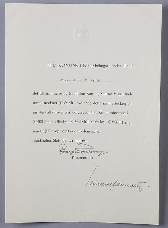 MEDALJ, silver, Gustaf V:s minnestecken, 1950.