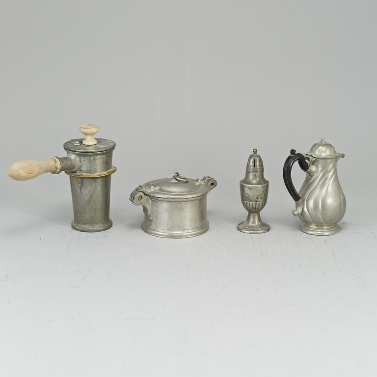 A pewter butter box, chocolate pot, sugar shaker and a canteen, one P Norén Hedemora 1766.