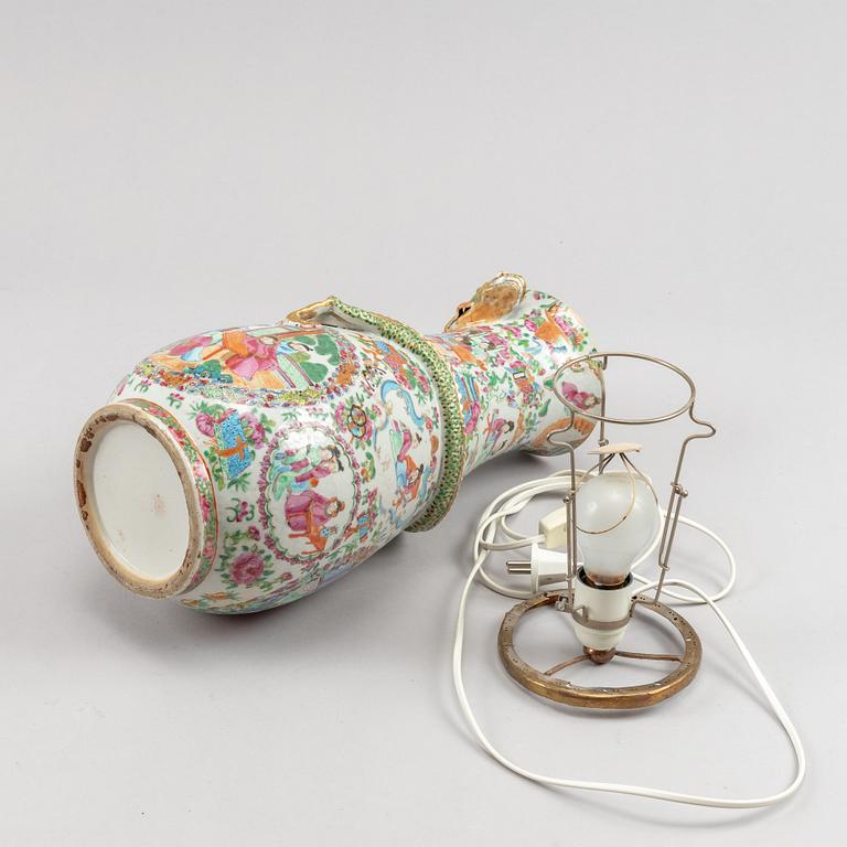 A famille rose Canton vase made in to  a lamp, Qing dynasty, 19th Century.