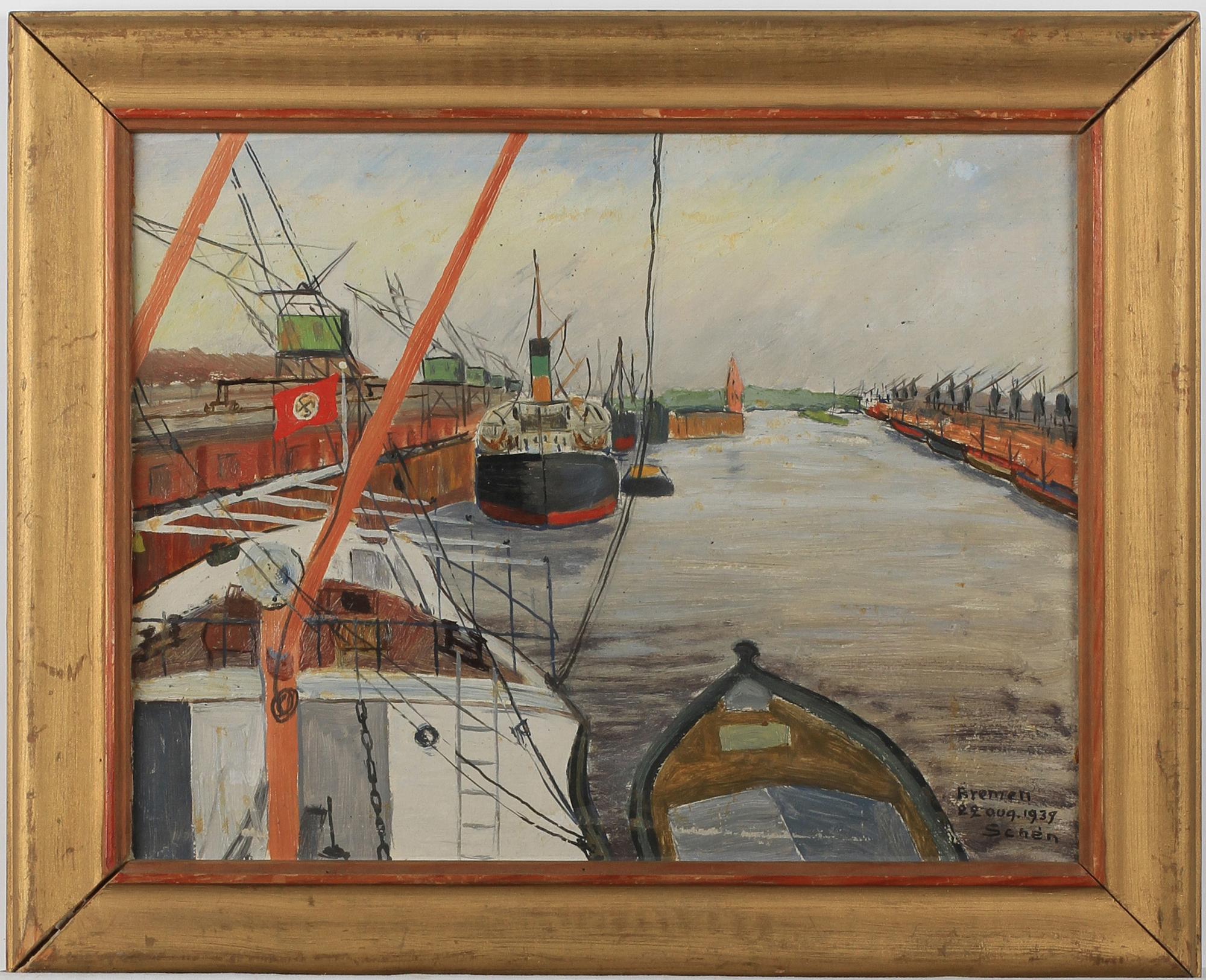 OKÄND KONSTNÄR, olja på papp, sign Schèn, dat -39 2 Aug Bremen.