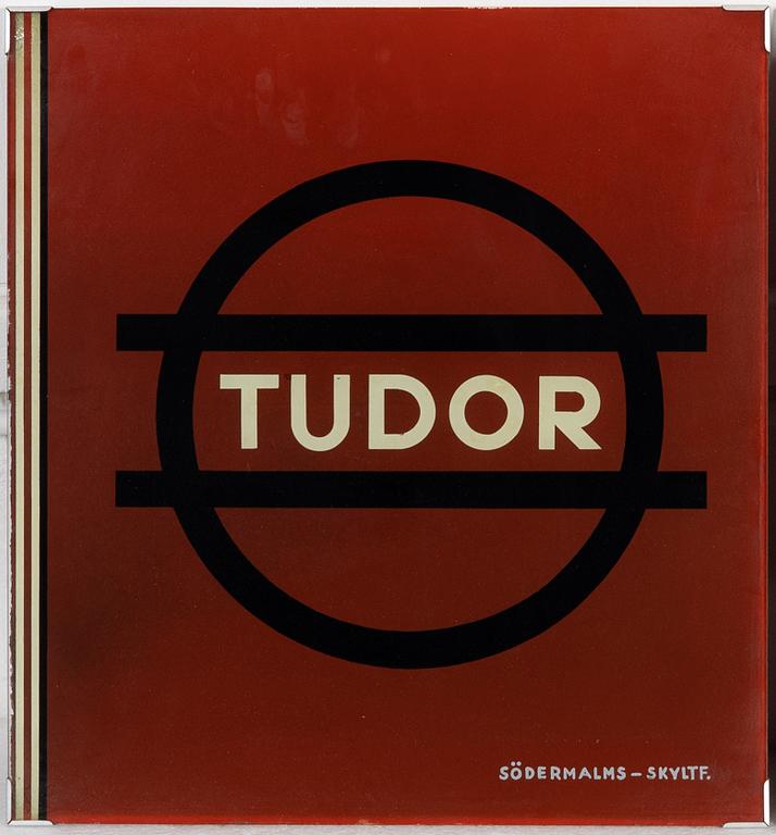 Three handpainted glass advertising signs, 'Tudor', Södermalms skyltfabrik, 1940's.