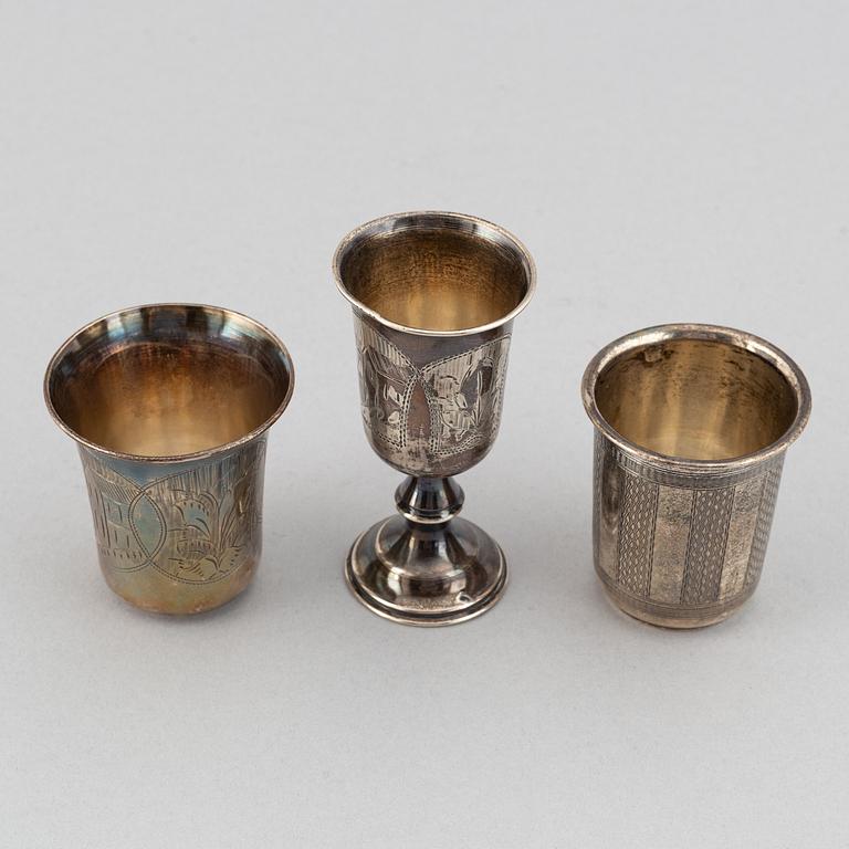 Three silver beakers, including Moscow 1893.