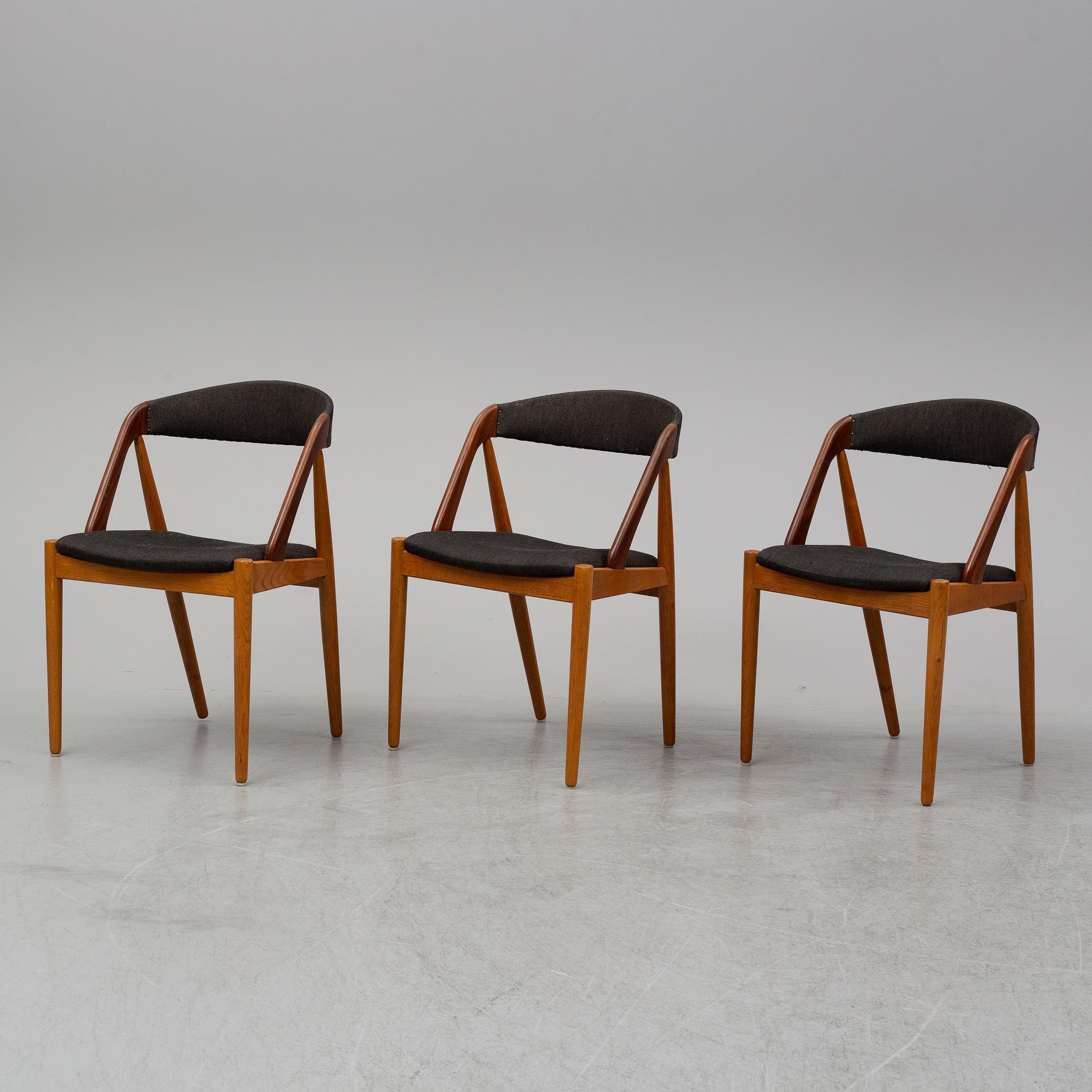 A set of three 1950's-60's chairs by Kai Kristensen, Denmark.