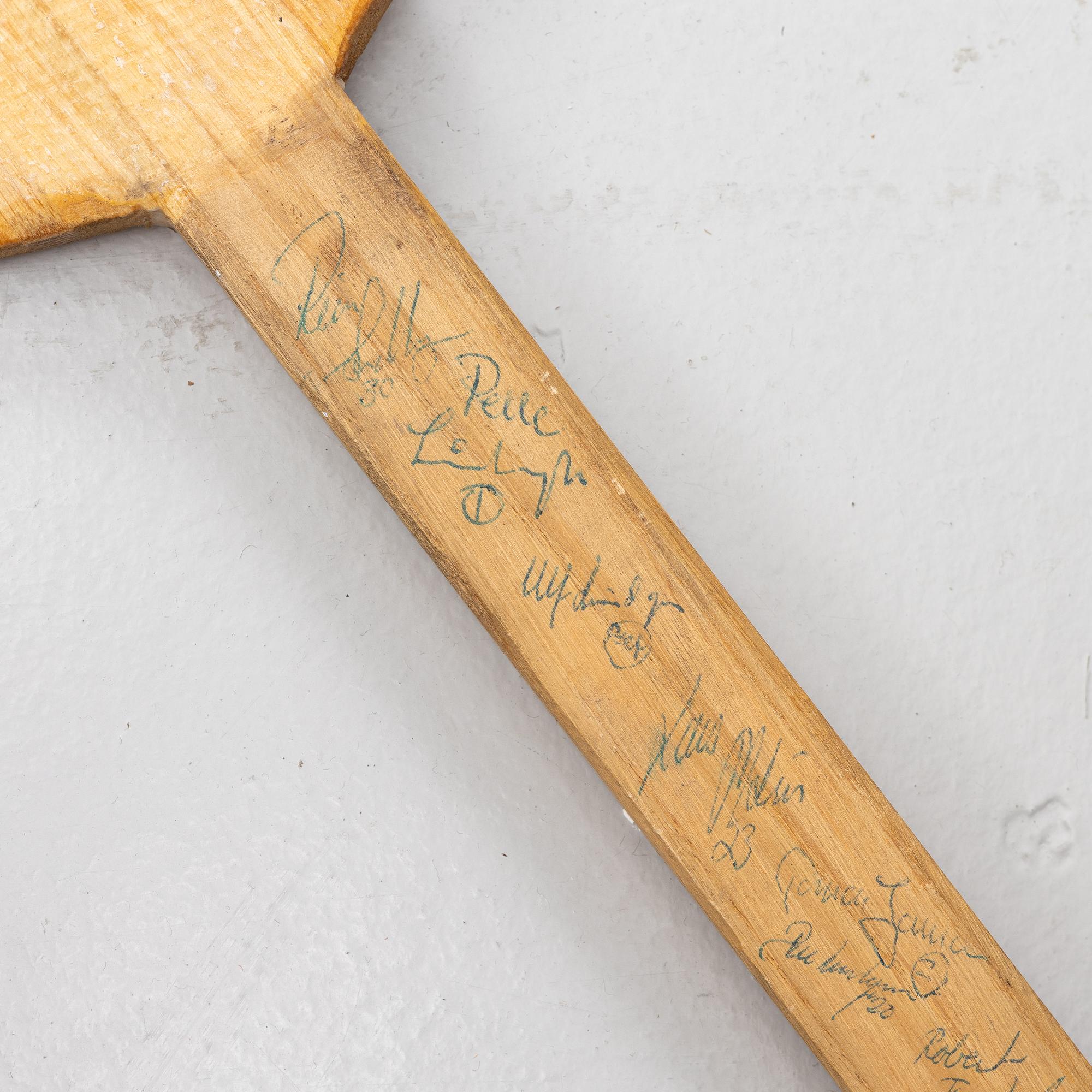 Pelle Lindberg's goaltender stick with autographs.
