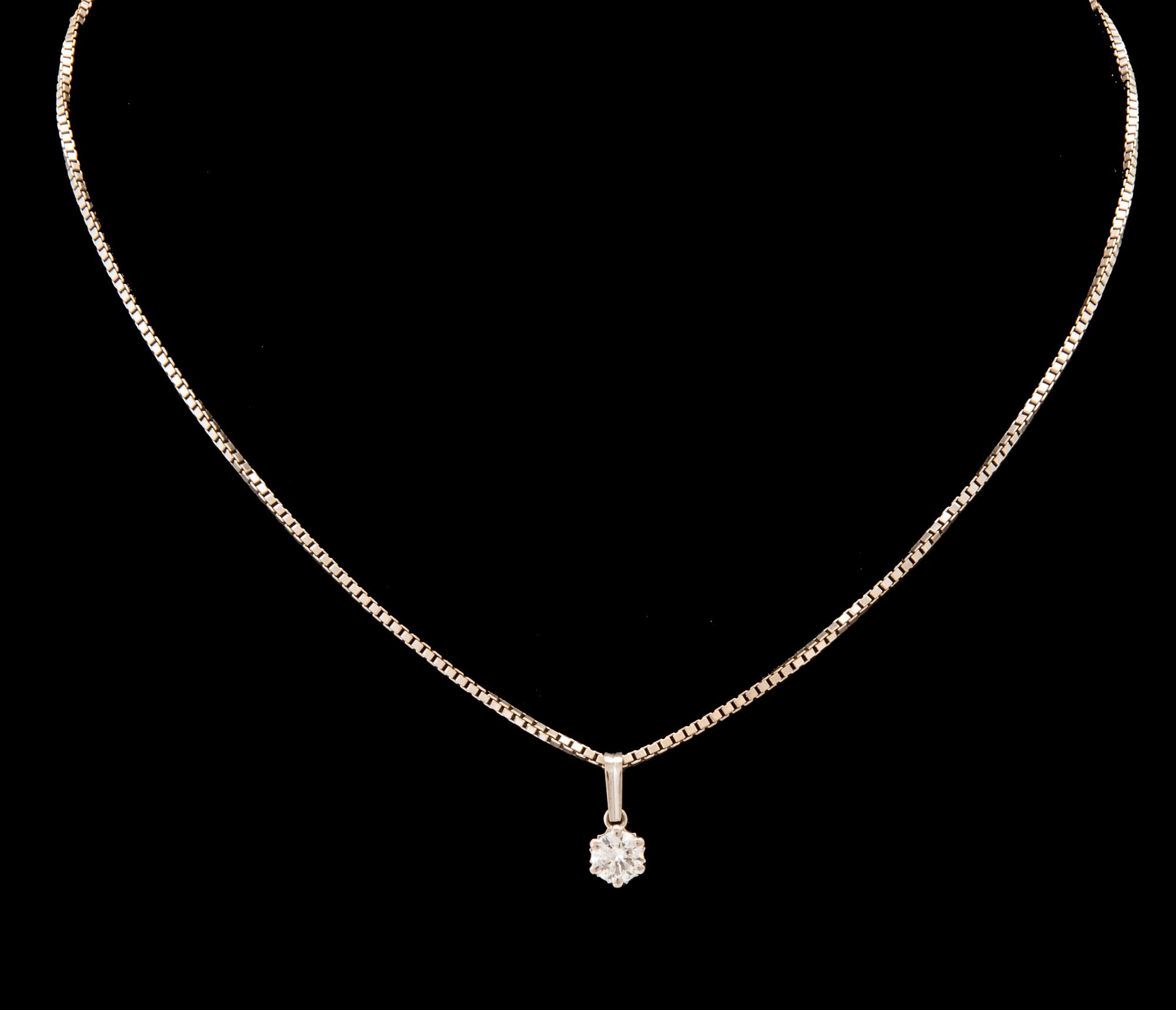 An 18K white gold necklace set with a round brilliant-cut diamond.