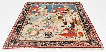 A semi-antique pictoral Kashan rug, part silk, c 204 x 128.