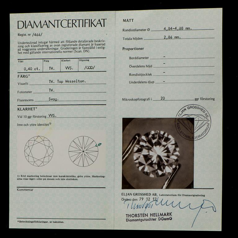 DIAMANT, briljantslipad 0,40 ct F-G (Top Wesselton) / VVS.