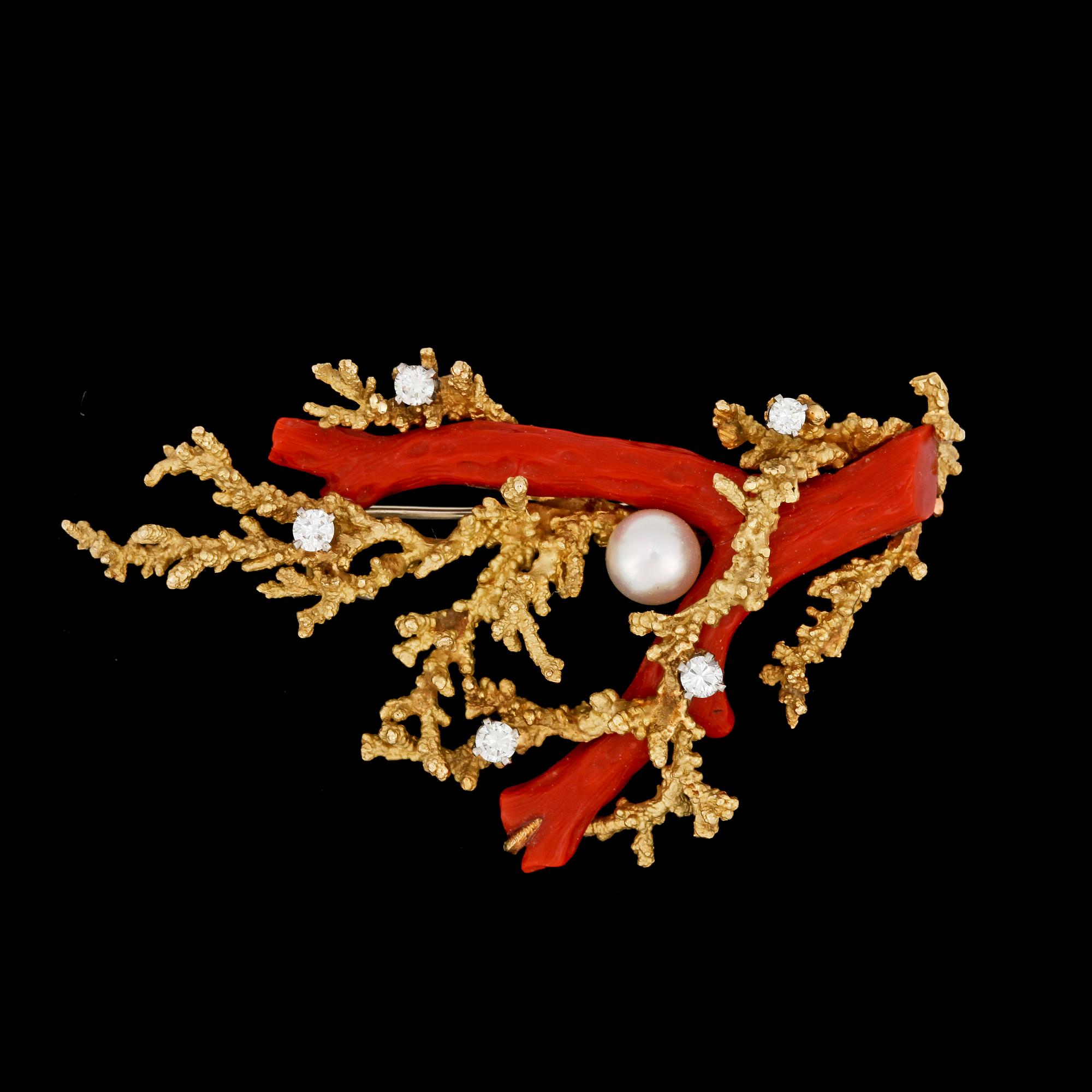 A koral, pearl and brilliant cut diamond brooch, 1970's.