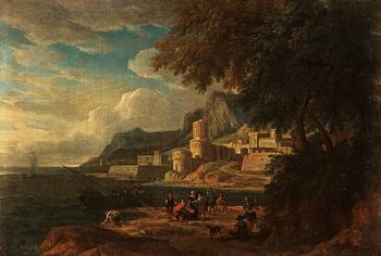 Lucas de Wael Circle of, Landscape with figures and a castle.