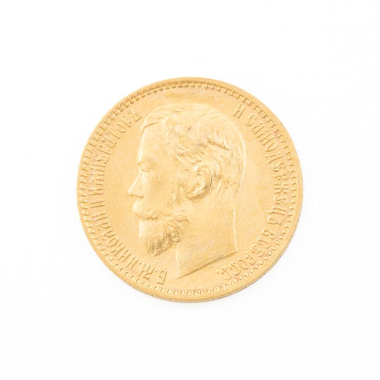 Gold coin, Nicholas II, Russia, 5 Rubles, 1899.