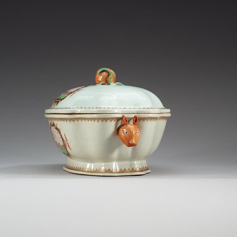 A famille rose 'European Subject' tureen with cover and stand, Qing dynasty, Qianlong (1736-95).