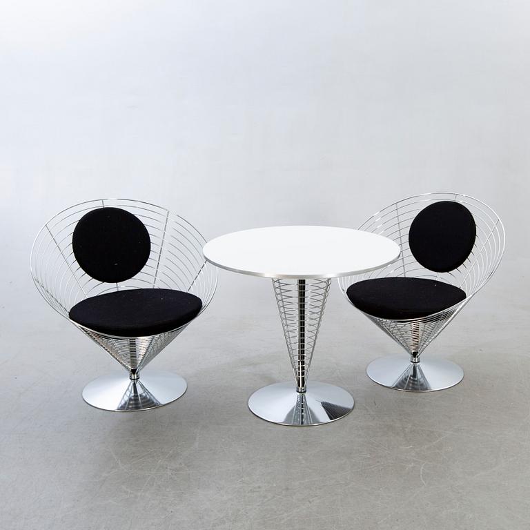 Verner Panton,chairs a pair and table, "Wire Cone", Fritz Hansen, 1988.