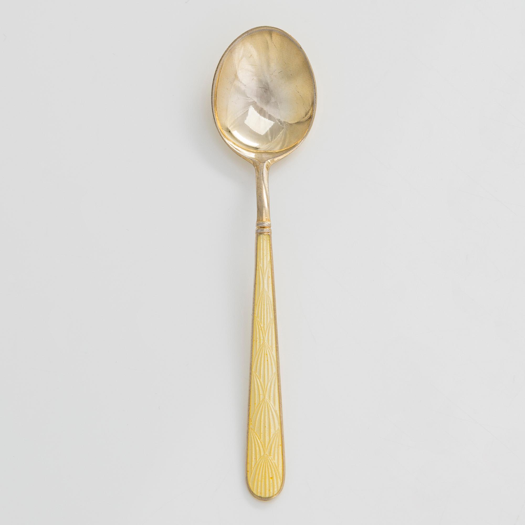 Sugar bowl and spoon, silver and enamel, the bowl by Anita Sarlin. Tillander, Helsinki, 1950.