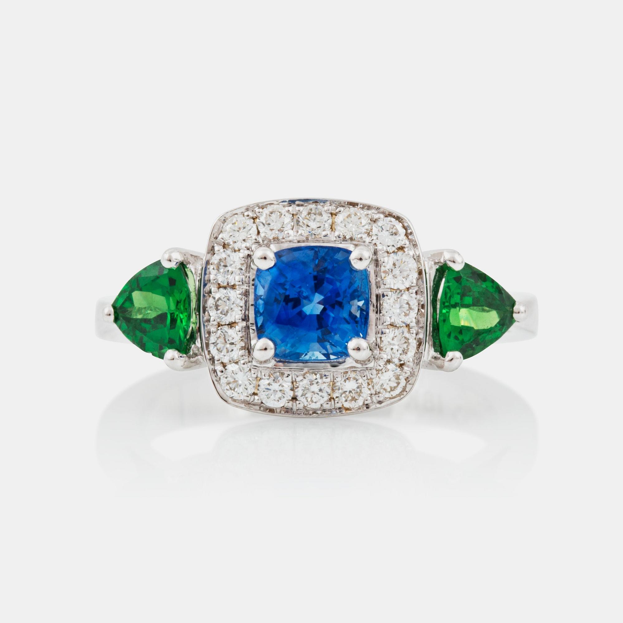 RING med safir, 1.30 ct, och tsavoritgranater och diamanter.