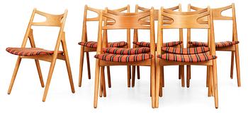 HANS J WEGNER, stolar, 8 st, "Savbukkestolen", Danmark, för Carl Hansen & Son, 1950-60-tal.