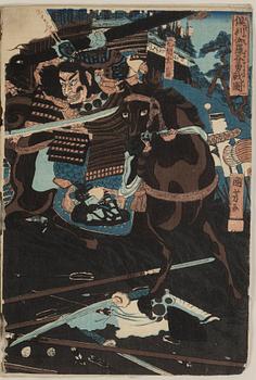 UTAGAWA KUNIYOSHI (1797/98-1861), färgträsnitt, triptyk. Japan, 1800-tal.