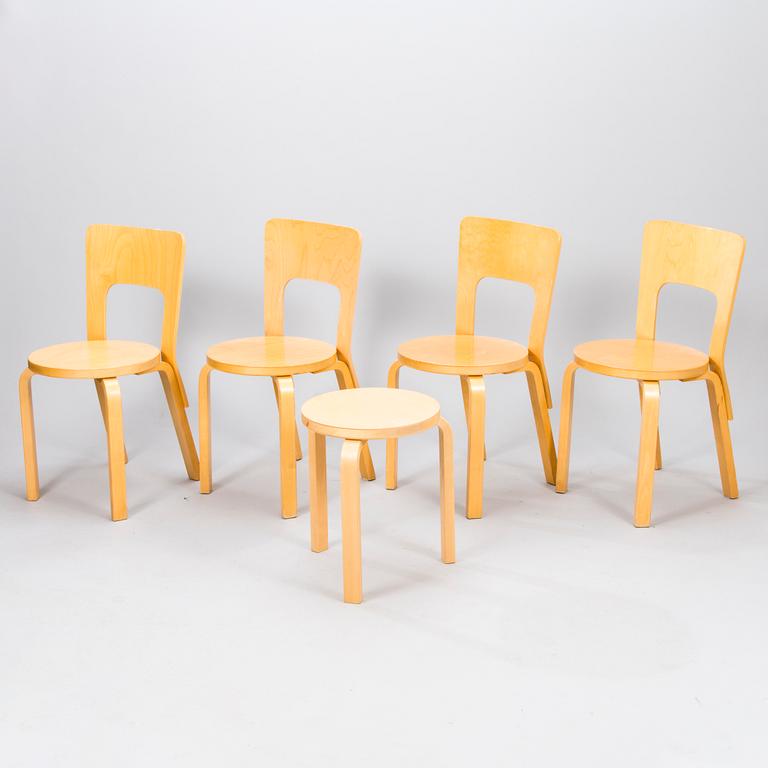 ALVAR AALTO, TUOLEJA, 4 kpl, malli 66, JAKKARA, malli 60, Artek 1900-luvun loppupuoli.