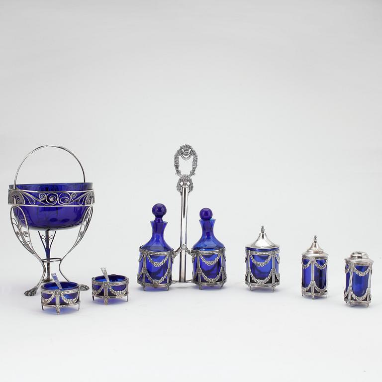 BORDSUPPSATS, 7 delar, silver och glas, märkt med femuddig stjärna, 1900-tal.