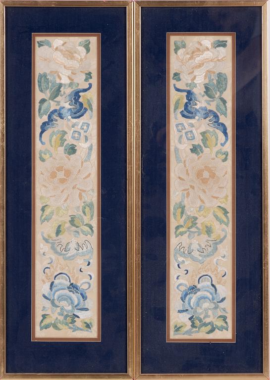 A pair of Chinese silk embroideries, late Qing dynasty, circa 1900.