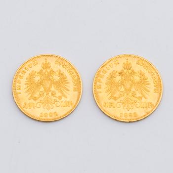 TWO GOLD COIN, 4 fl/10 fr, Frans Josef, Austria, 1892.