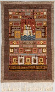 Pia Katerma, a Finnish long pile ryijy rug depicting the Coat of Arms of Kajaani. Dated 1936. Ca. 196x130 cm.