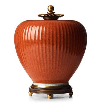 Knud Andersen, & ROYAL COPENHAGEN, a porcelain jar with patinated and gilt bronze cover and stand, Denmark mid 1900's.