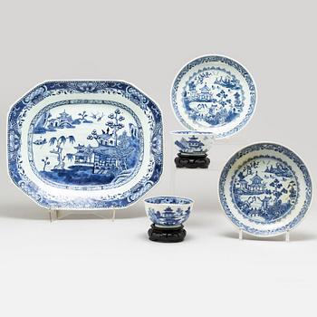 Six blue and white porcelain objects, Qing dynasty, Qianlong (1736-95).