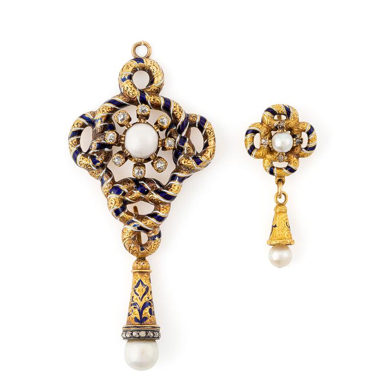 Two pendants in 18K gold and enamel with pearls and old-cut diamonds.