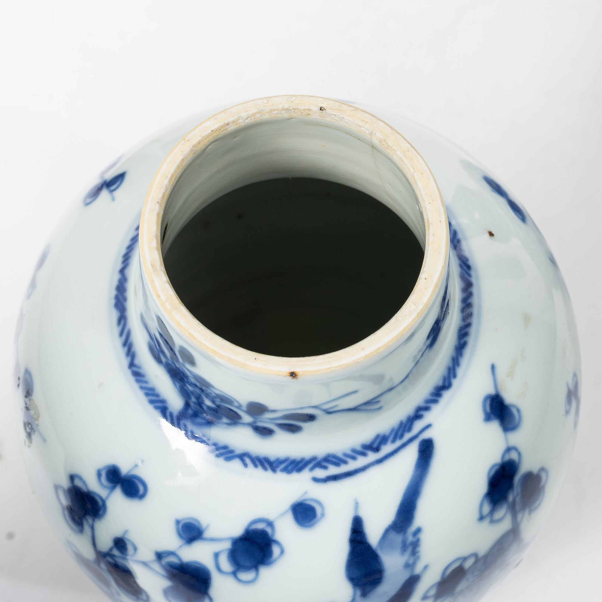 Two blue and white vases, Qing dynasty, 19th century and a blue and white vase with cover, 18th century.