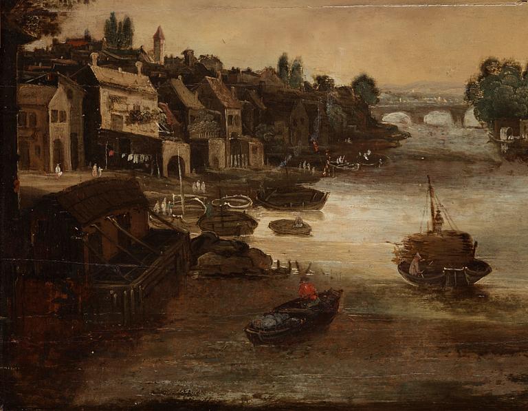 Unknown artist 17/18th Century. River landscape with buildings along the beaches.