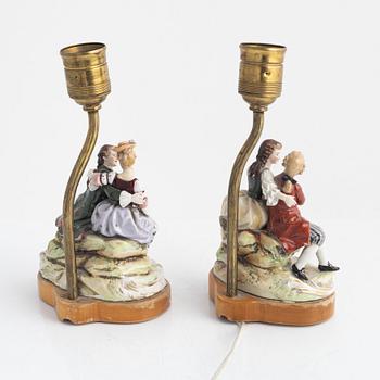 A pair of table lamps/porcelain groups, Vienna-like mark, circa 1900.